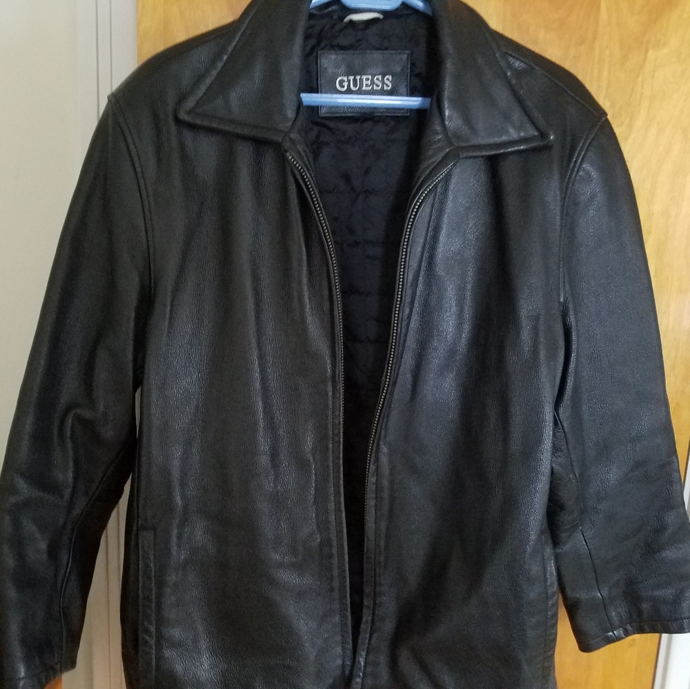 Guess men's leather jacket, black size small. Real leather